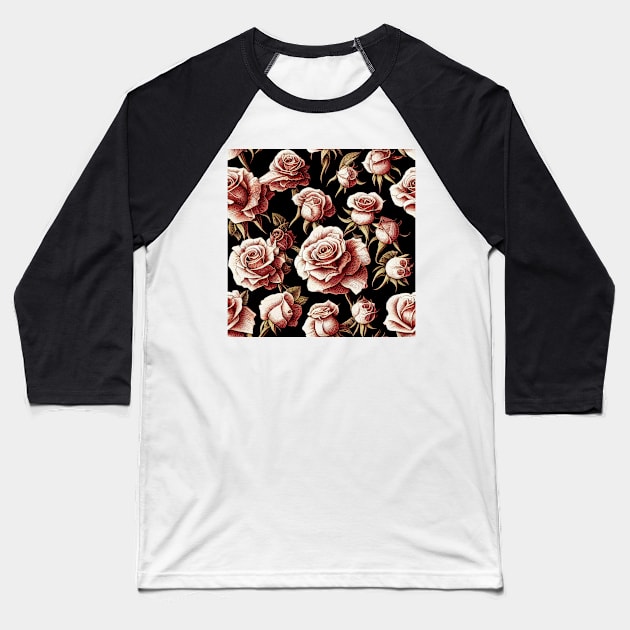 Vintage Blush Brown Roses on Dark Background Baseball T-Shirt by VintageFlorals